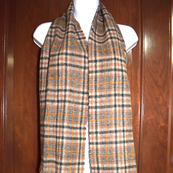 Vintage Shetland Wool Scarf Plaid Brown Green Made In Scottland - Picture 7 of 8